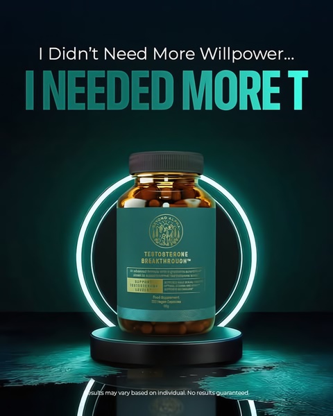 A high-contrast advertisement for a testosterone supplement featuring a clean product shot centered on a glowing pedestal.